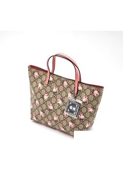 Gucci Flower Tote Bag Floral Pattern Rose Beige Pink